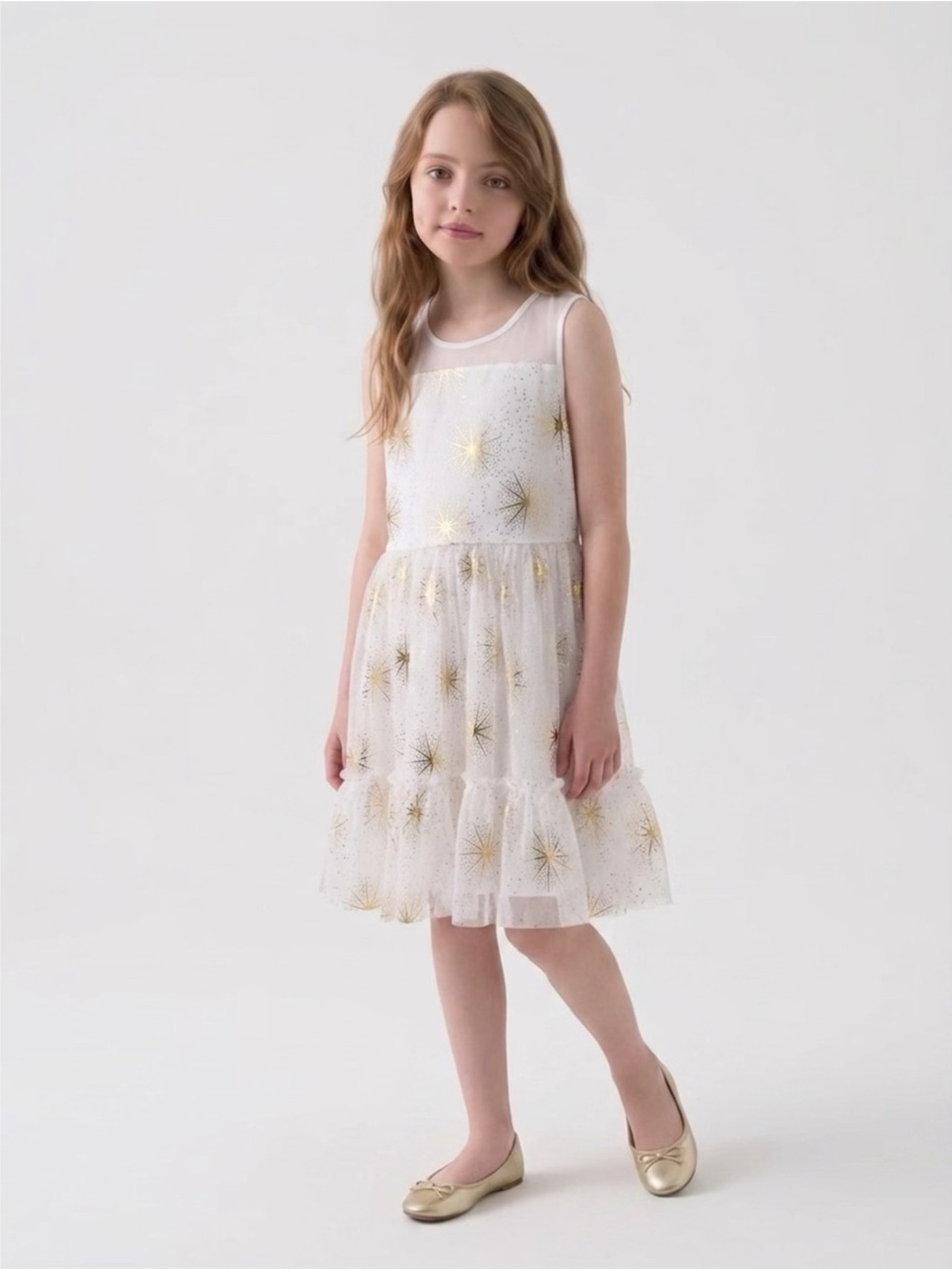 The Children's Place White Dress with Gold Star Accents Size 14